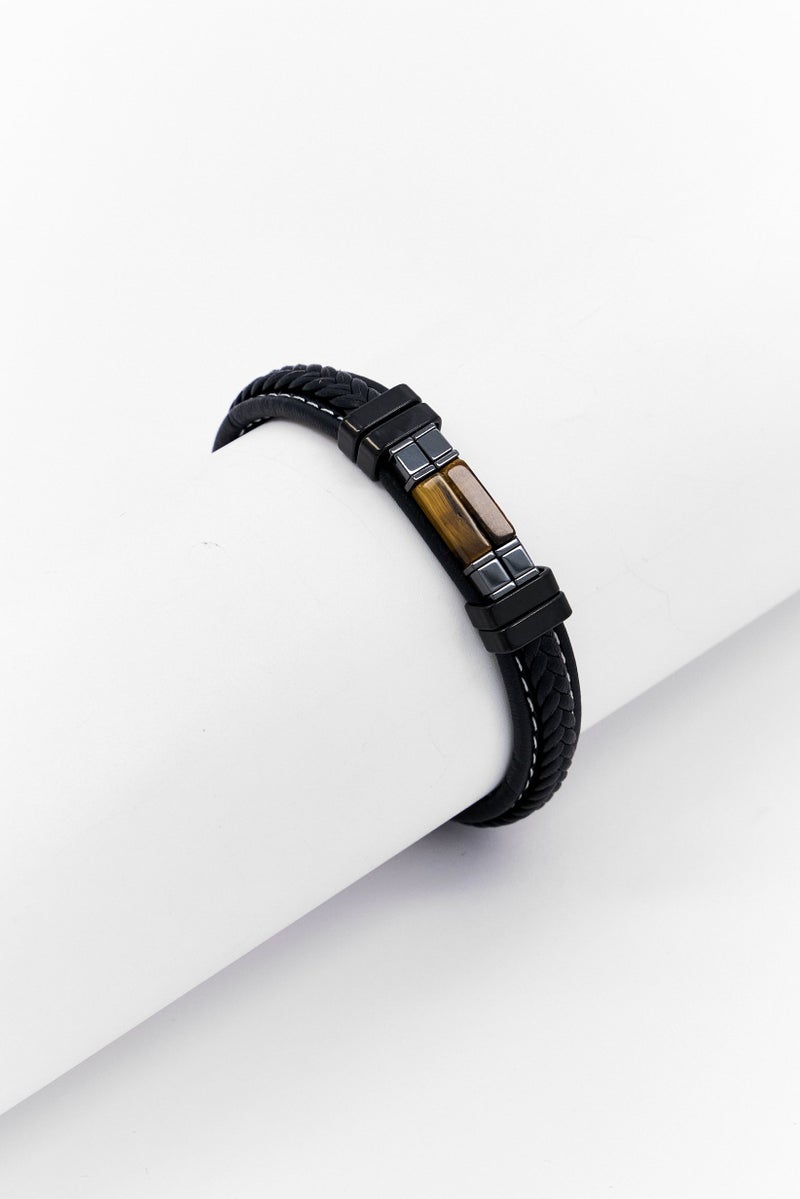 Steeltime Men Leather Thread Stainless Steel Hematite Id Bracelet, Black - Image 1